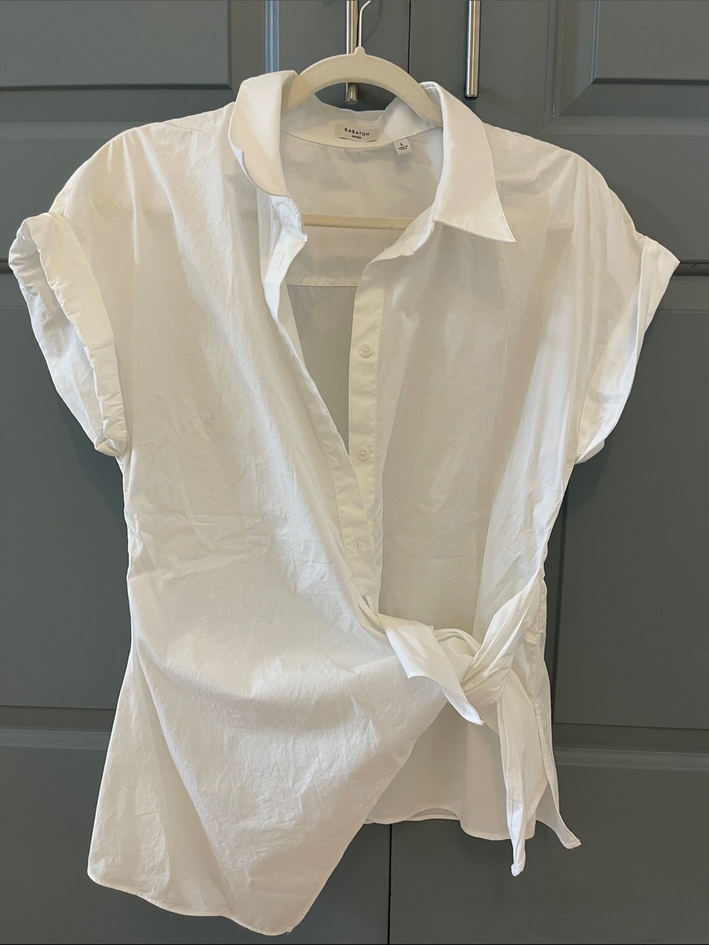 Aritzia White Short Sleeve Tie-Waist Button Down Shirt